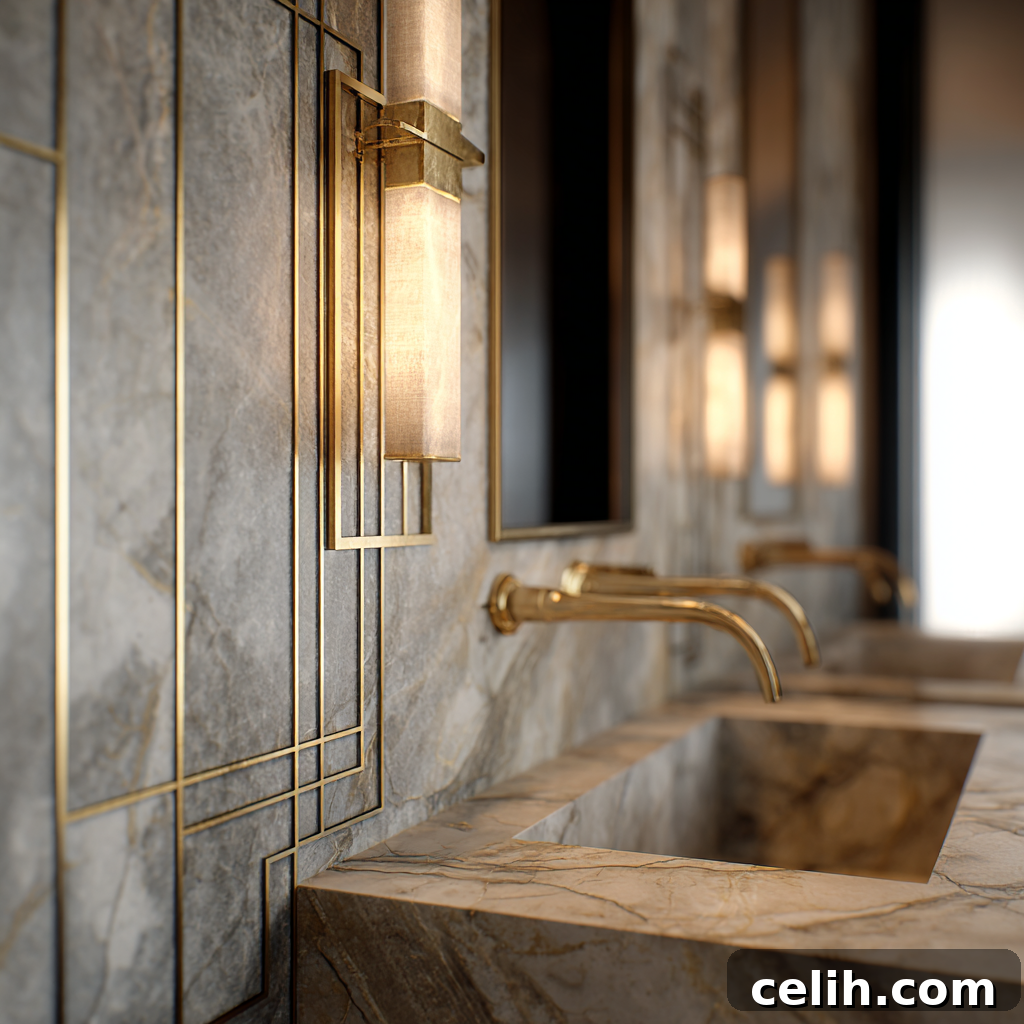 Gold art deco detailing in a marble bathroom