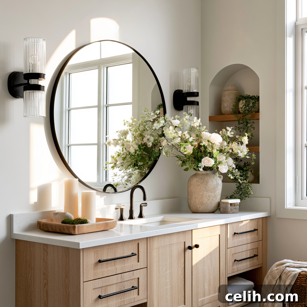 Warm white bathroom colour palette with light wood vanity