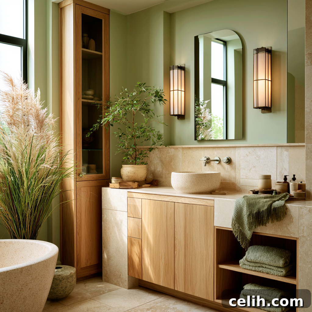 Sage green pairs well with light wood bathroom vanities