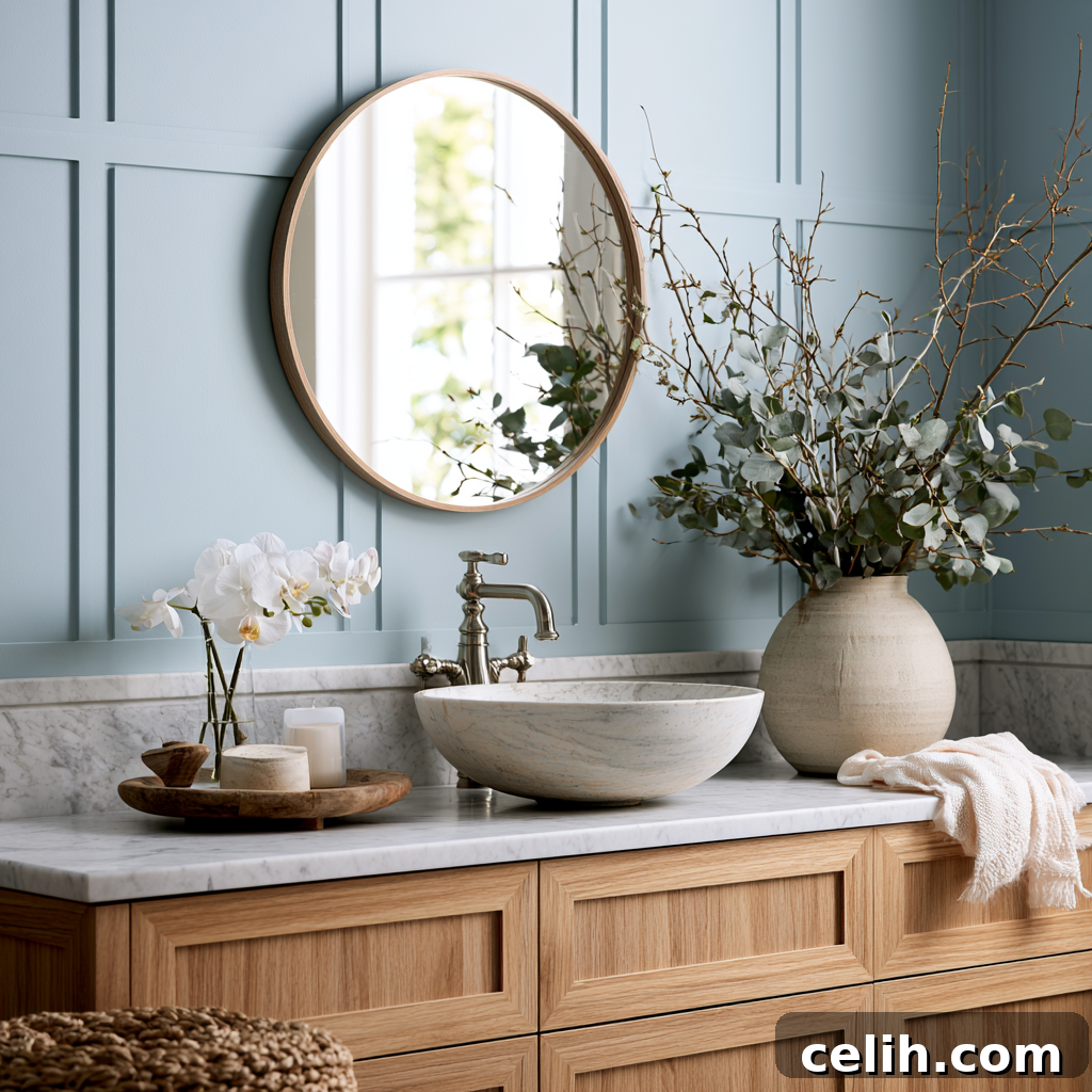Dusty blue bathroom interior with light wood vanity
