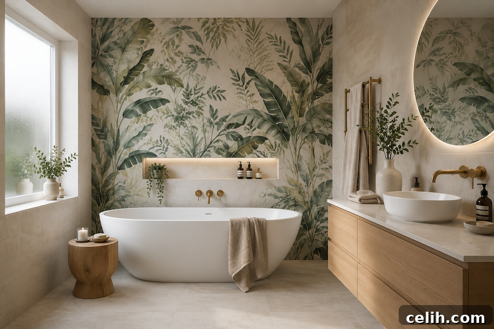 Wallpaper for Bathrooms: What You Need to Know 2 Botanical wallpaper spa bathroom