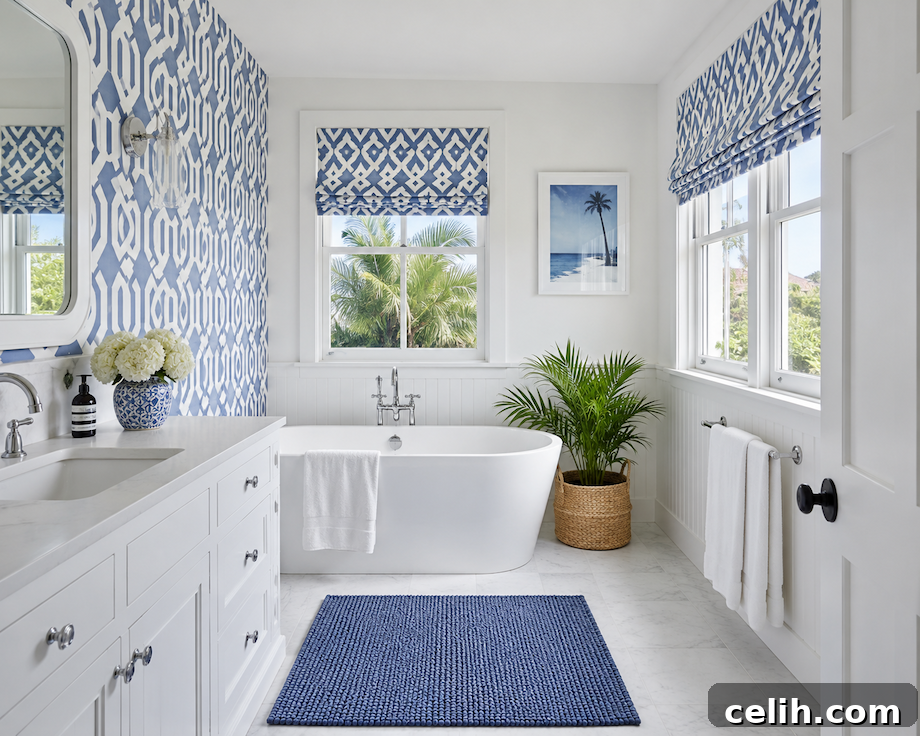Wallpaper for Bathrooms: What You Need to Know 7 Blue white coastal inspired bathroom interior wallpaper