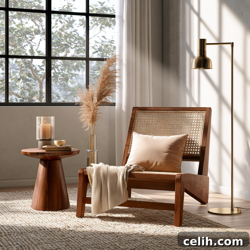 Low slung wooden chair reading nook