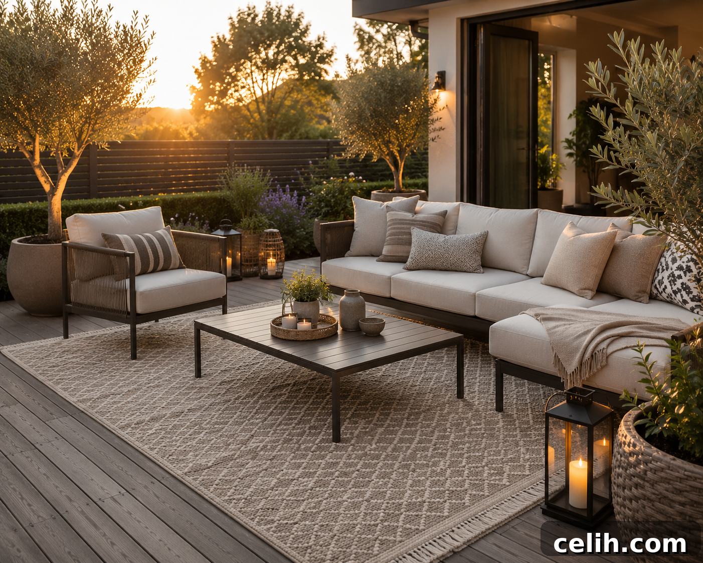 Garden seating with outdoor rug