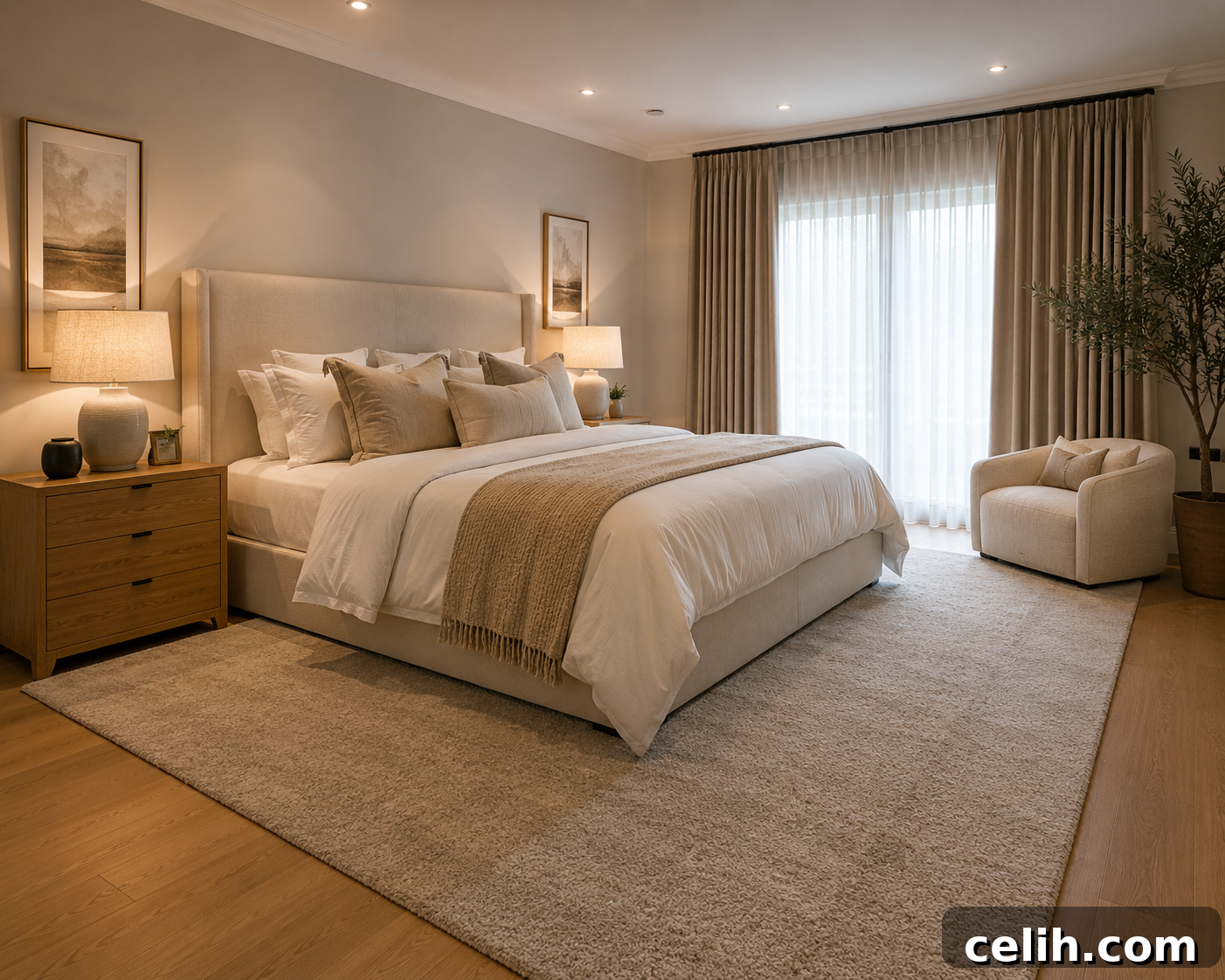 Layered rugs in a contemporary bedroom