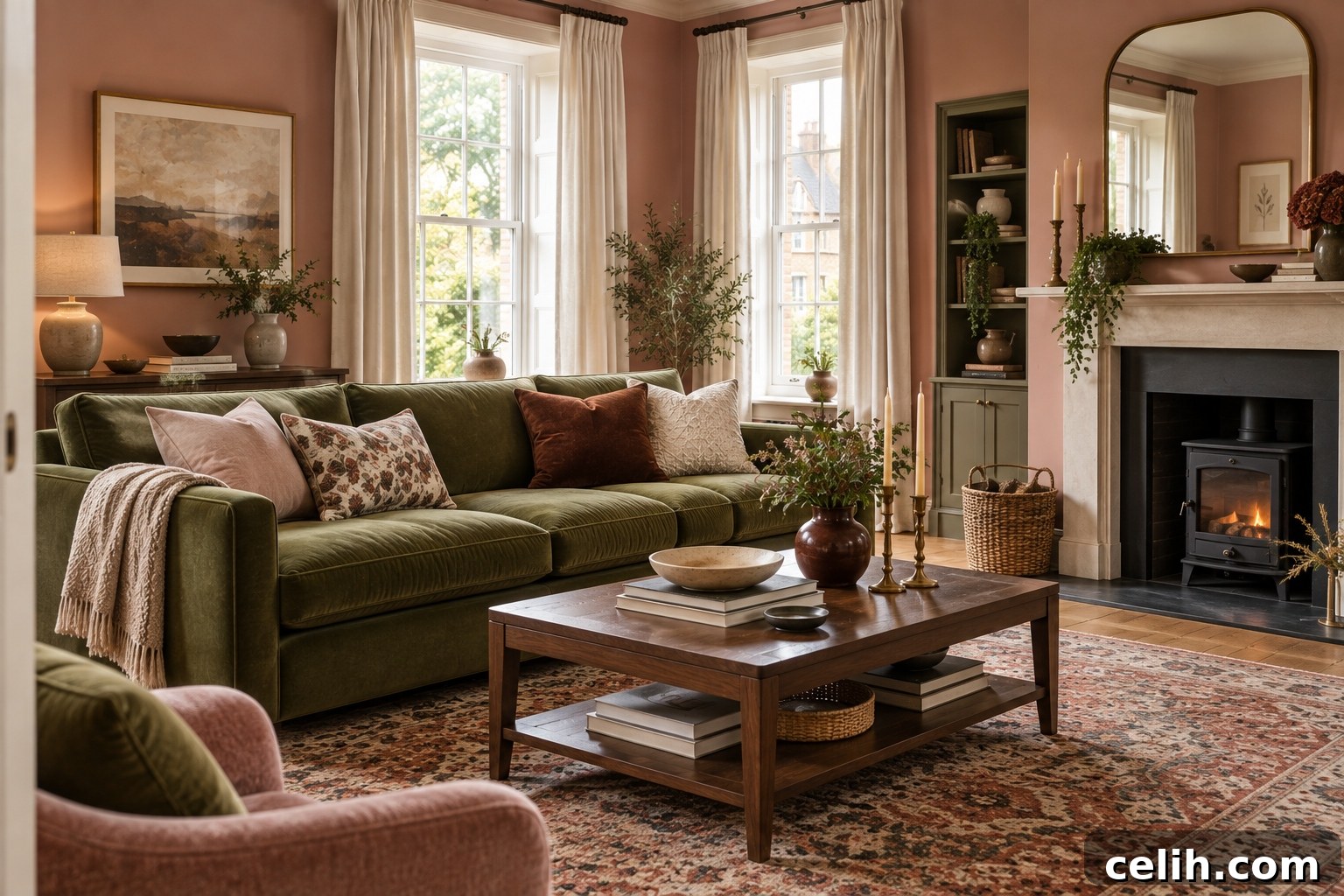2027 Interior Color Trends: 5 Shades That Will Define Your Home 3 Earthy pink living room with olive sofa