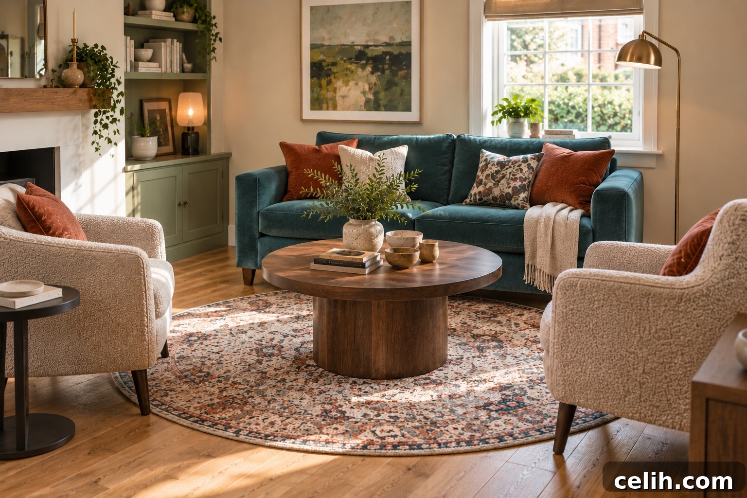 How to Choose the Right Coffee Table for Your Living Room 2 Warm living room with round wooden coffee table