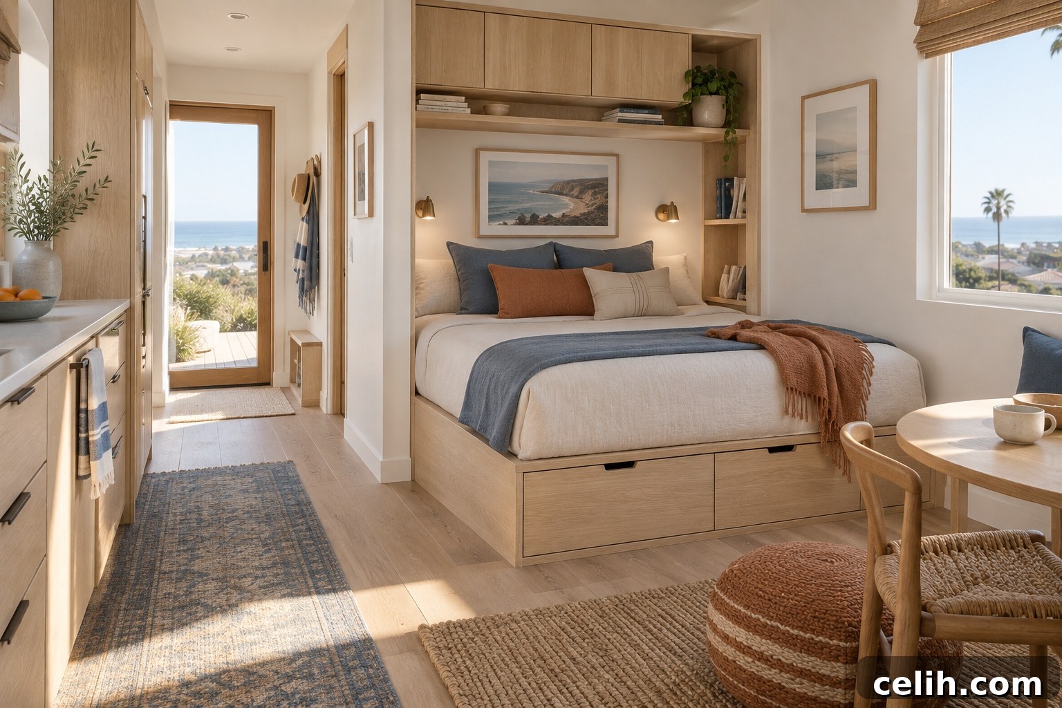 Bedroom nook in a tiny coastal house
