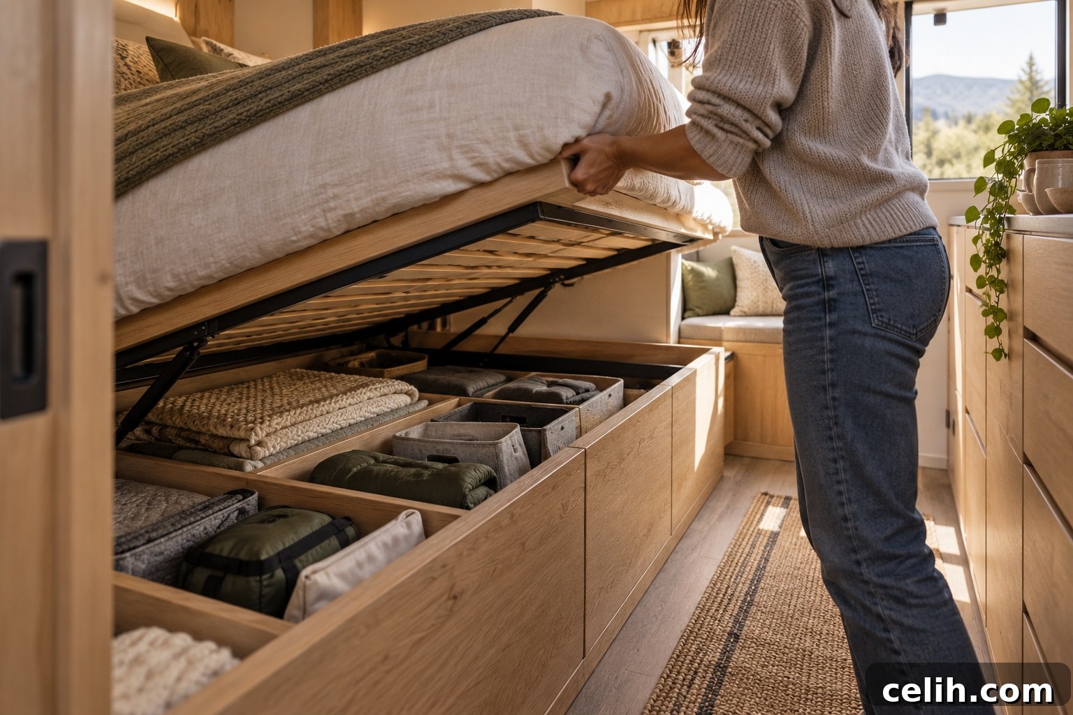 Under-bed storage in a tiny house