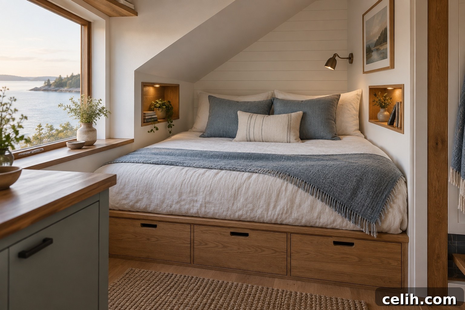 Custom built alcove bed in a tiny house