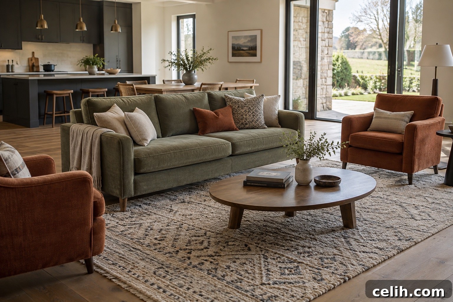 Modern open-plan interior with defined seating area
