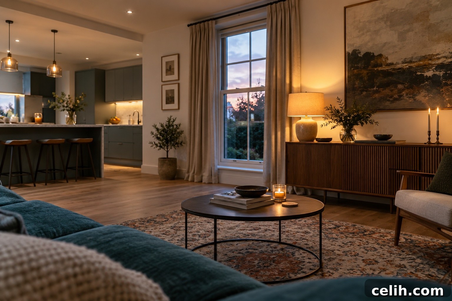 Layered lighting in an open-plan interior