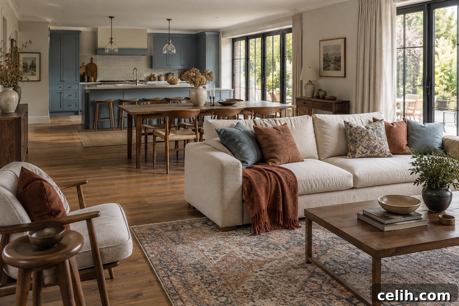 Dusty blue and warm chestnut brown in open living