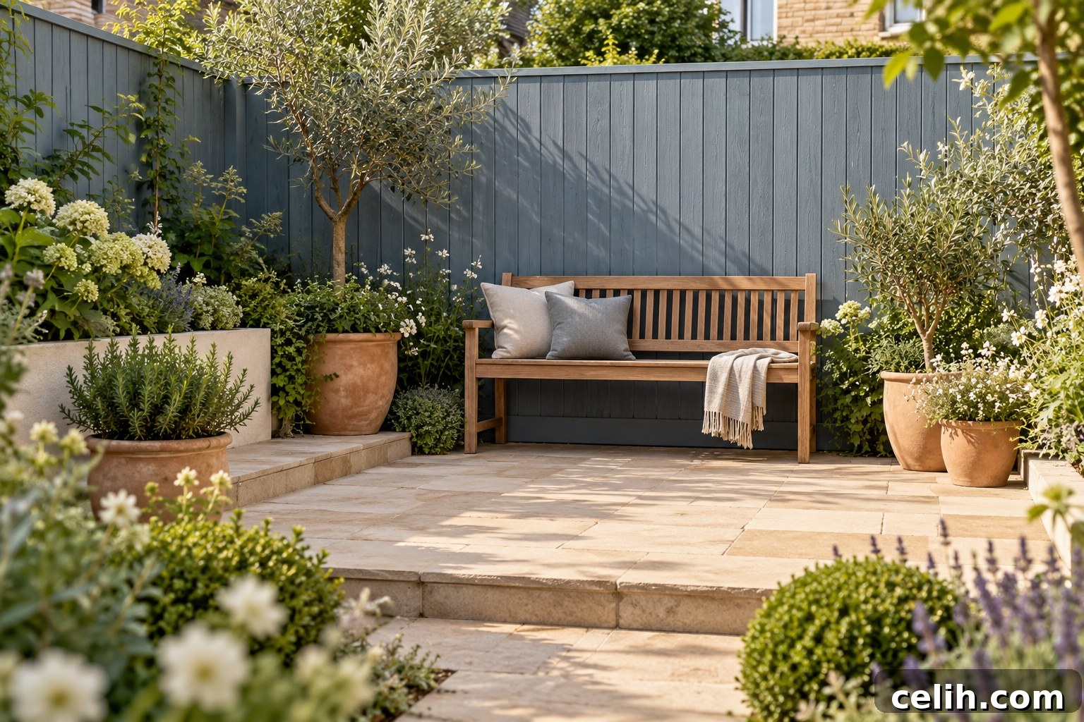 Dusty blue fence and oak bench in a small backyard
