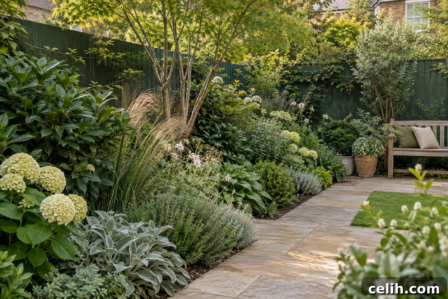 Green garden palette with plants and fence