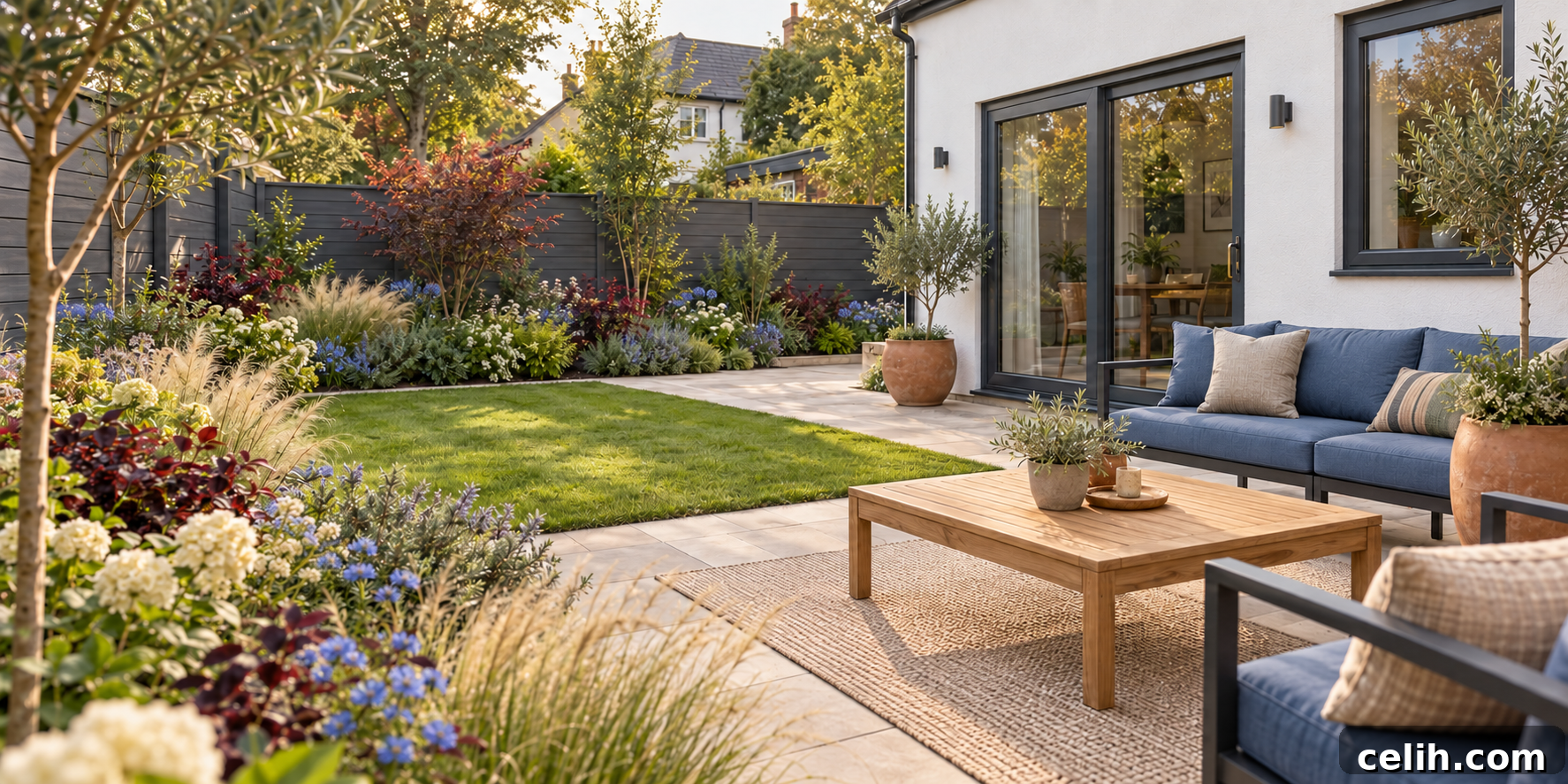 Blue cushions and garden flower clusters