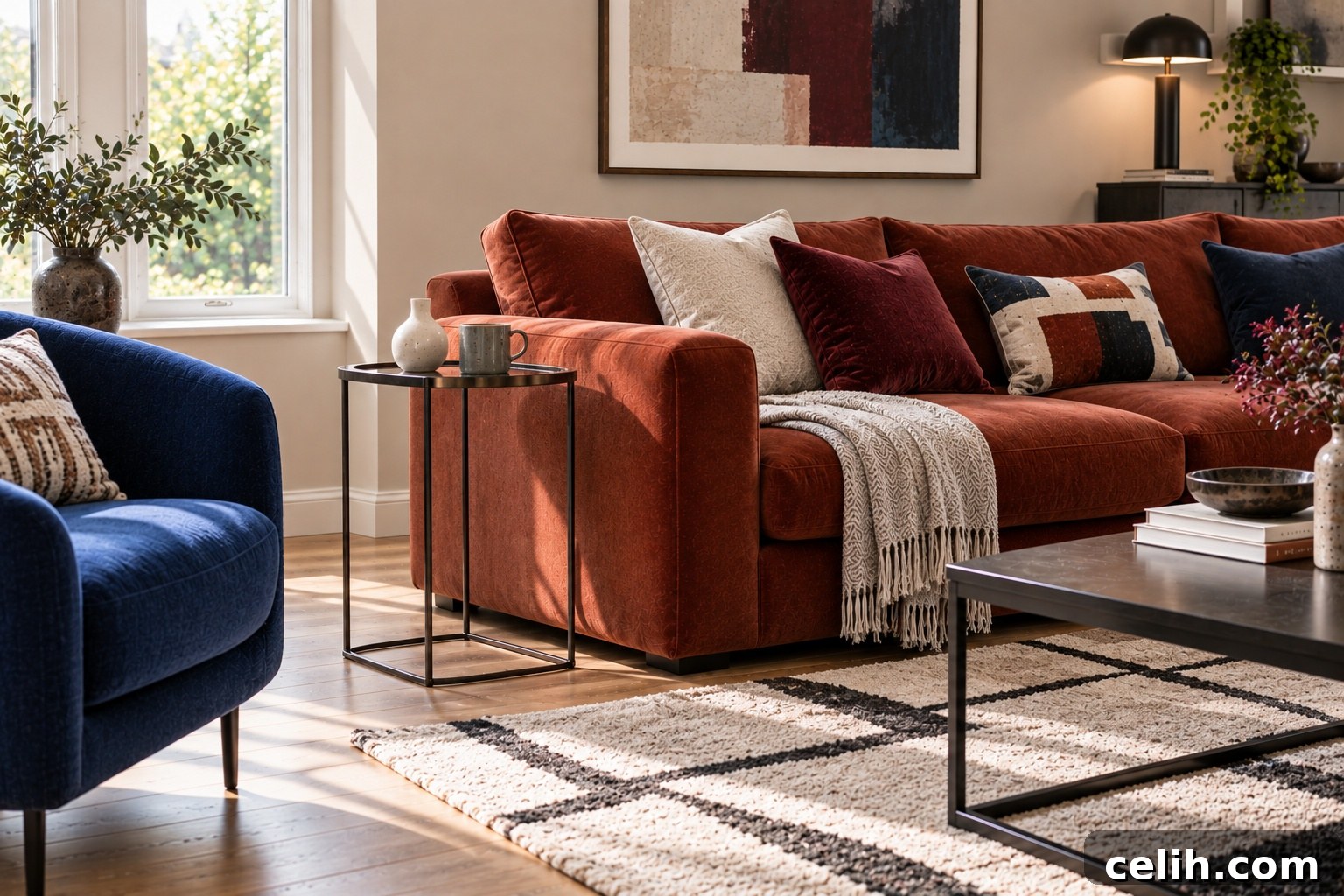 Slim black metal side table beside a rust-coloured sofa