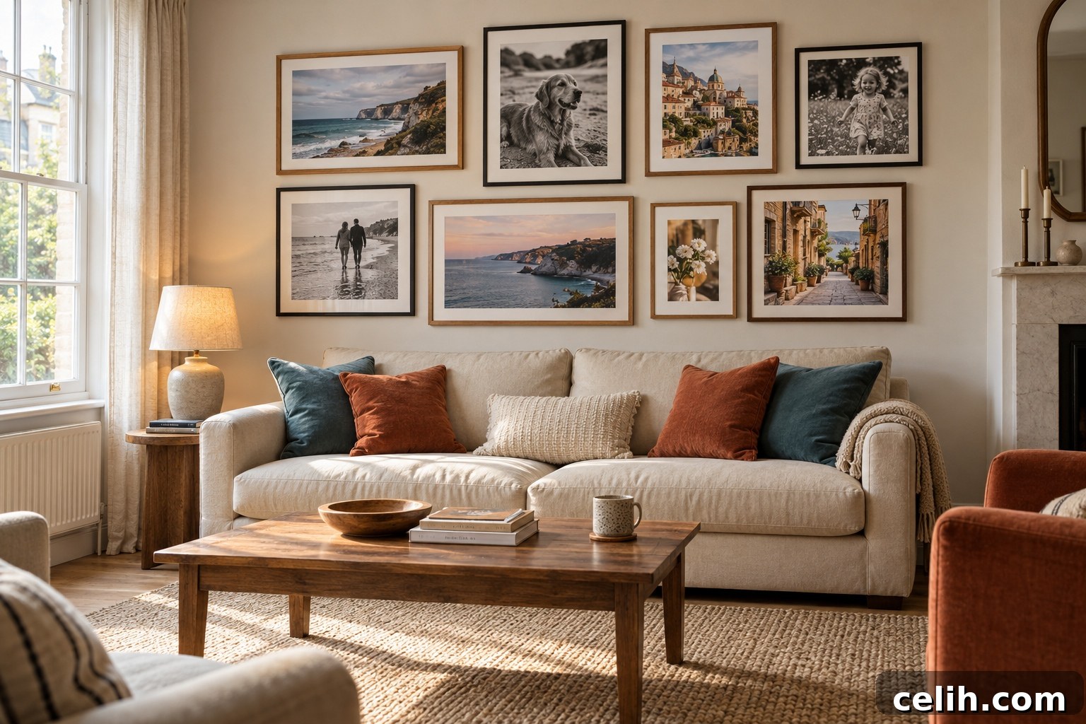 Gallery wall of special memories in a cozy living room