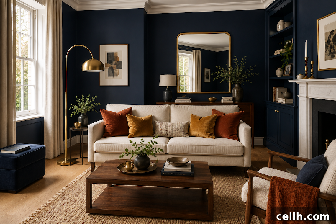 Stunning modern living room with navy walls