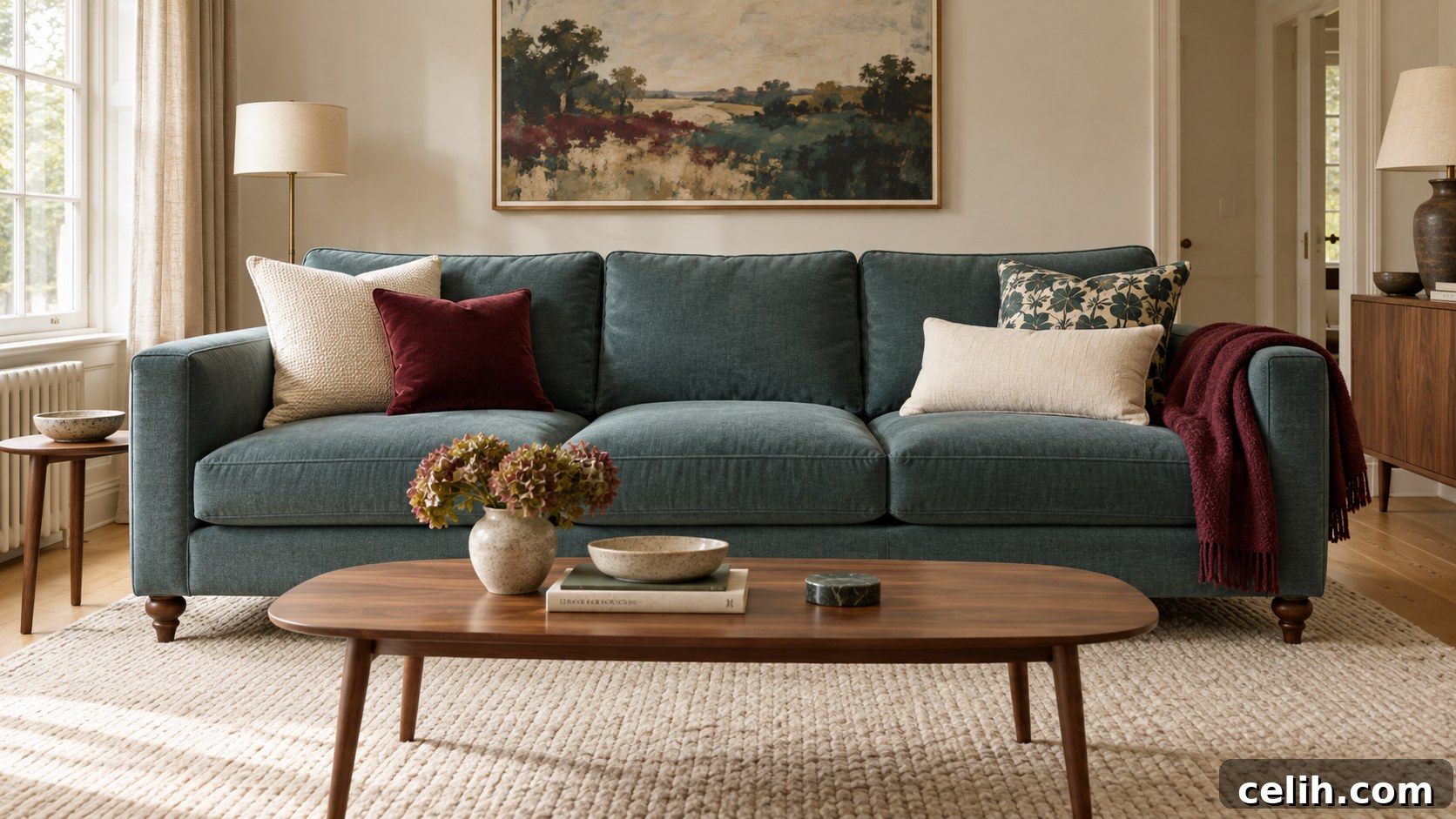 Teal sofa with burgudy and cream cushions and throw