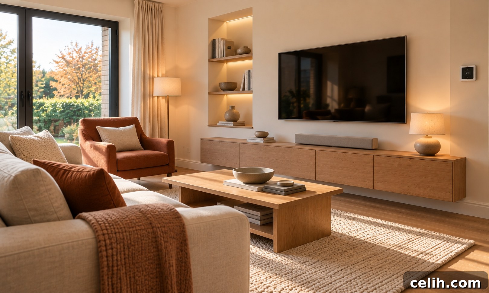 Minimalist Design: Creating Warm, Functional Spaces 6 Cozy minimalist living room with smart technology