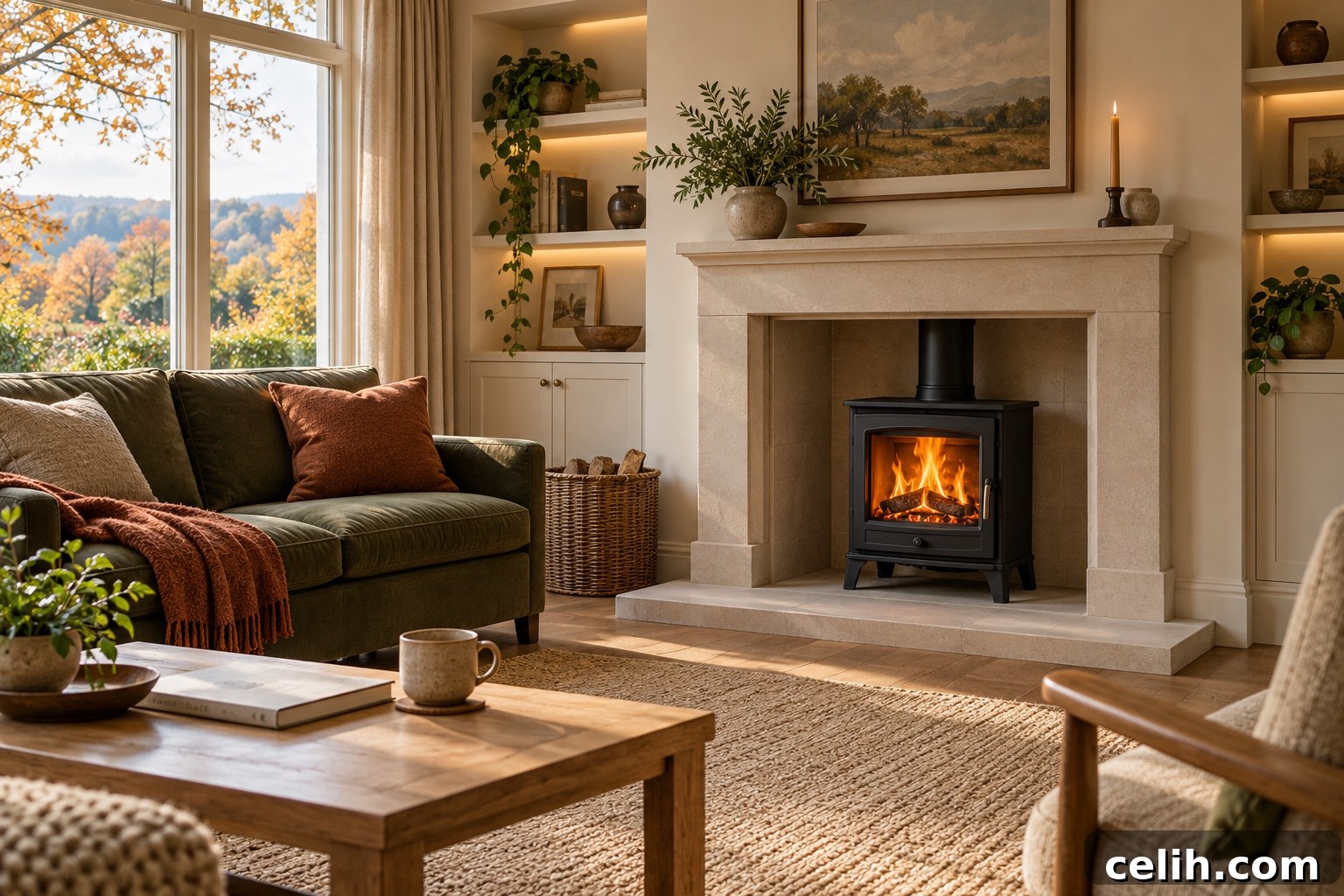 Warm and cosy living room with stove fire in autumn