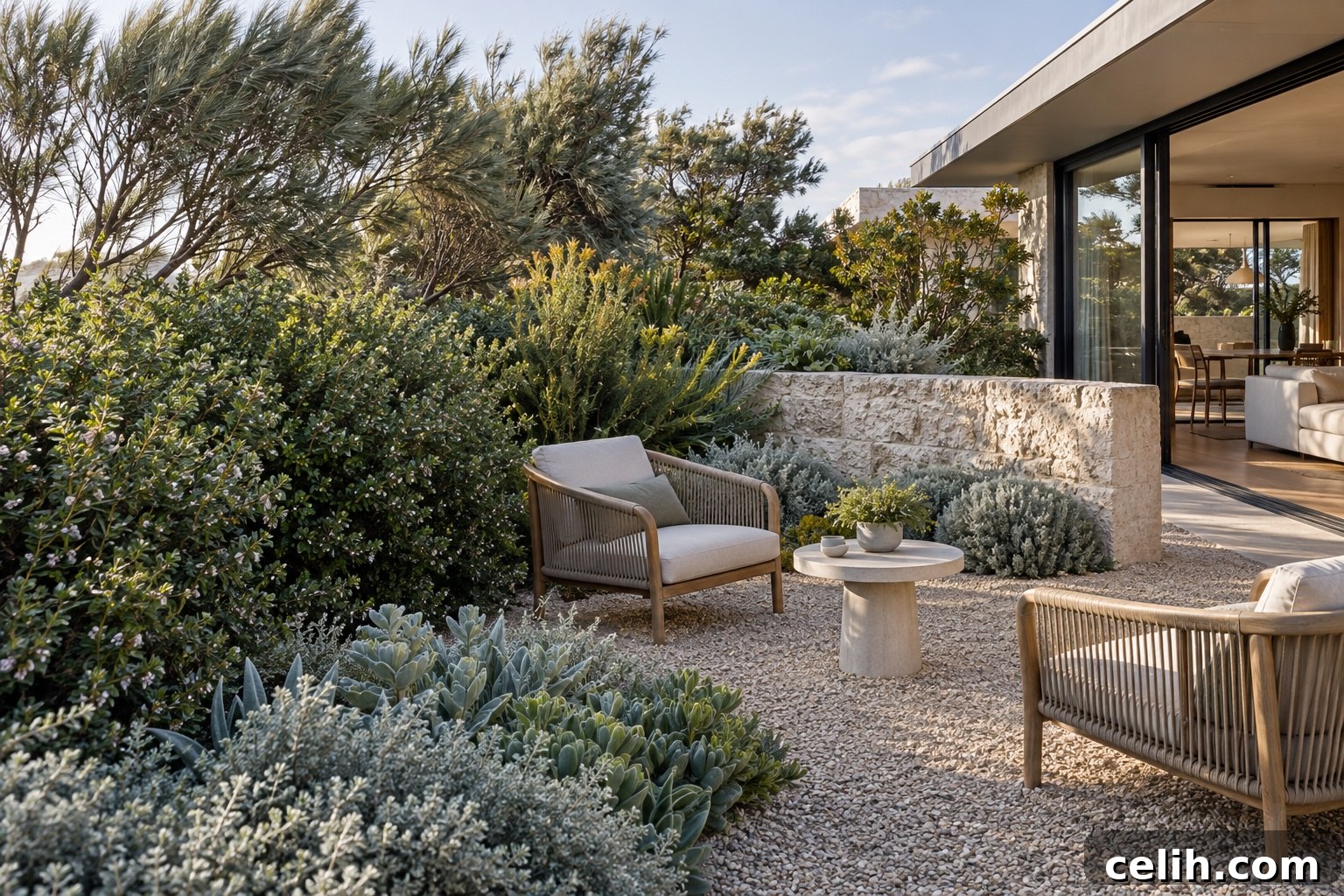 A sheltered garden terrace in a coastal garden in Melbourne