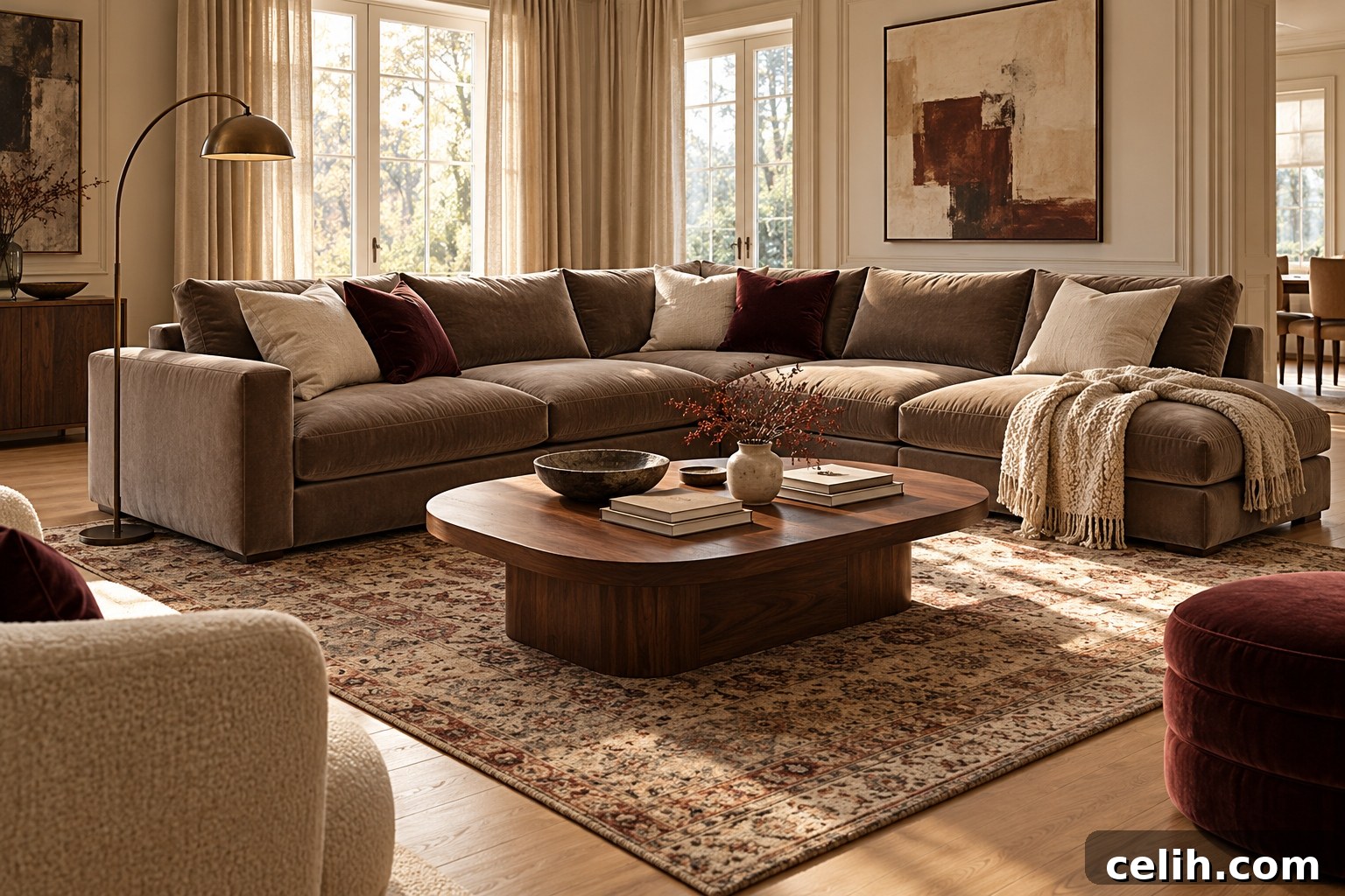 Warm textured sectional in living room