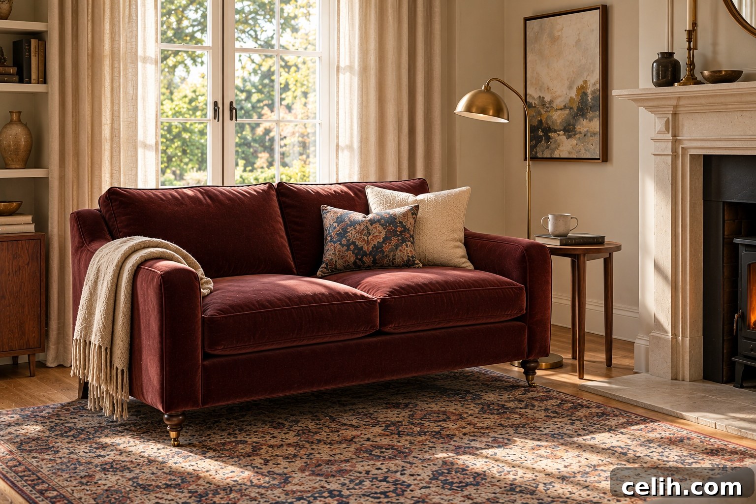 Burgundy velvet loveseat in reading nook