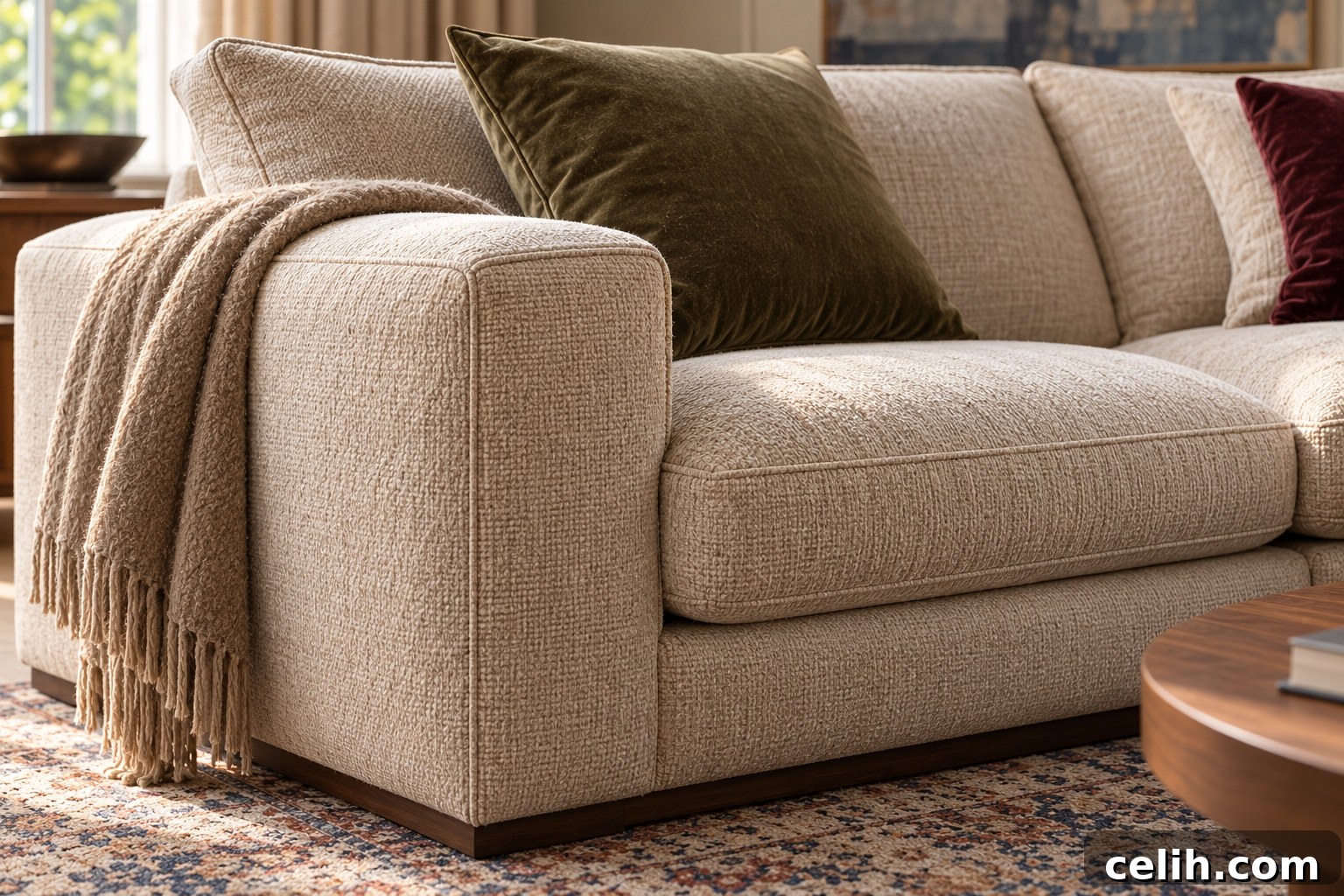 Close-up of textured sofa fabric and cushion