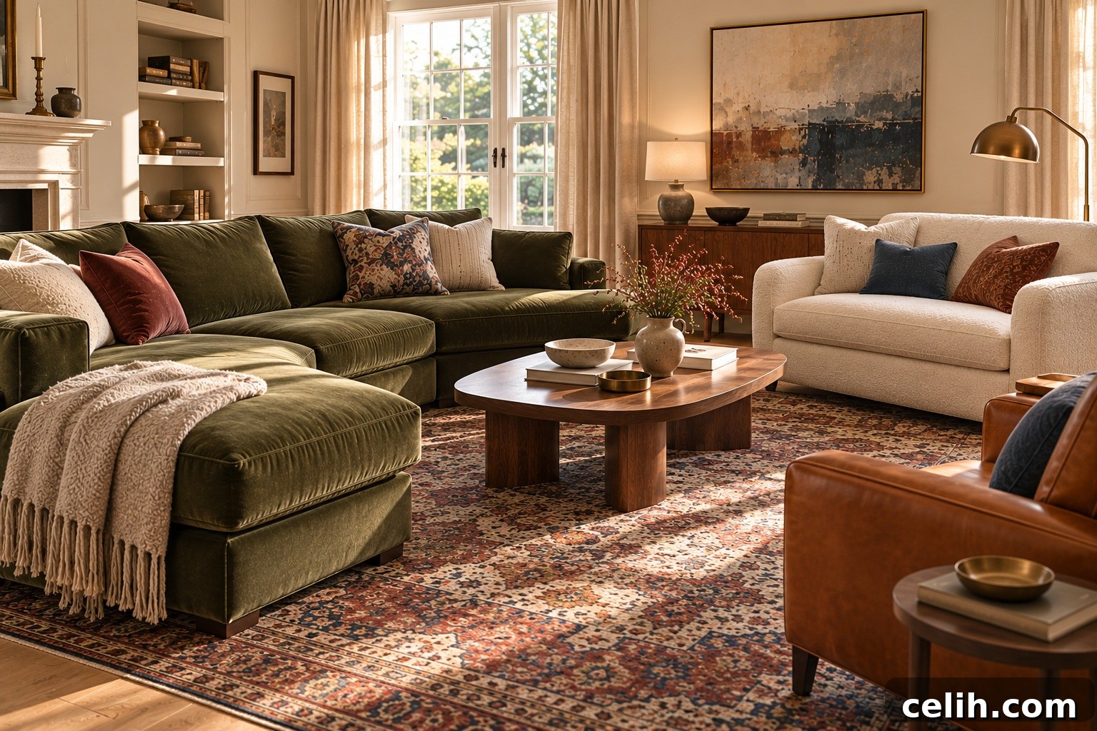 Warm layered living room with textured sofa
