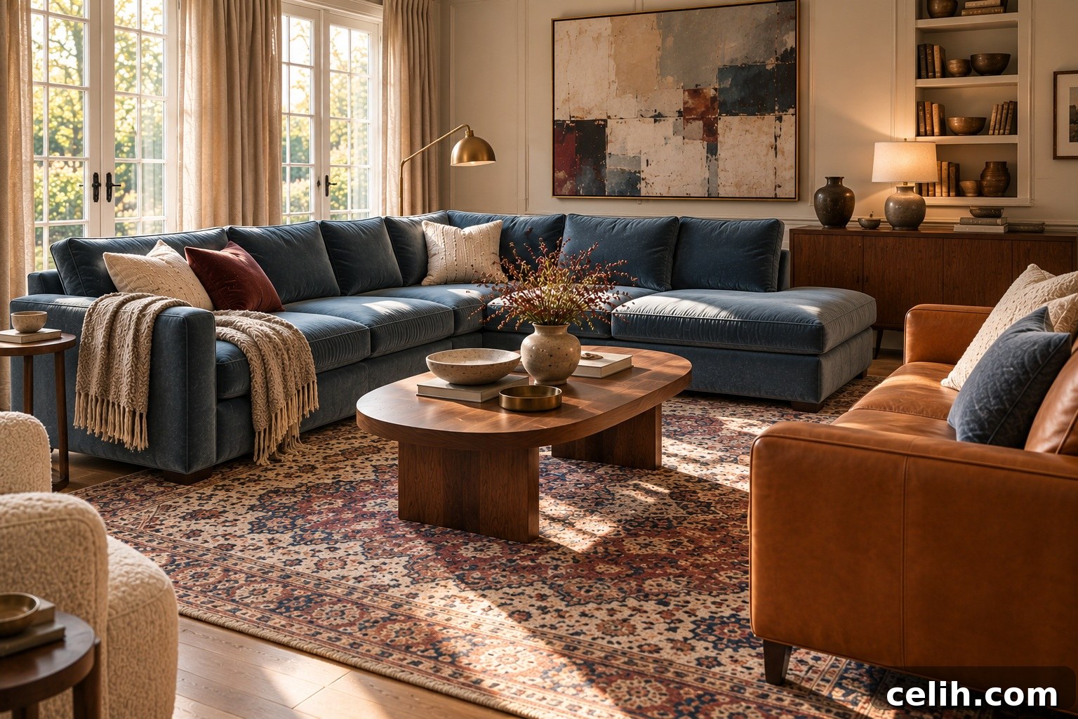Blue velvet luxury sectional sofa