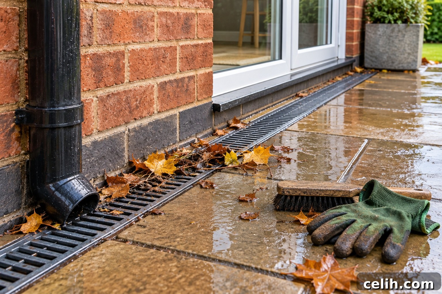 Clearing a blocked channel drain by a patio