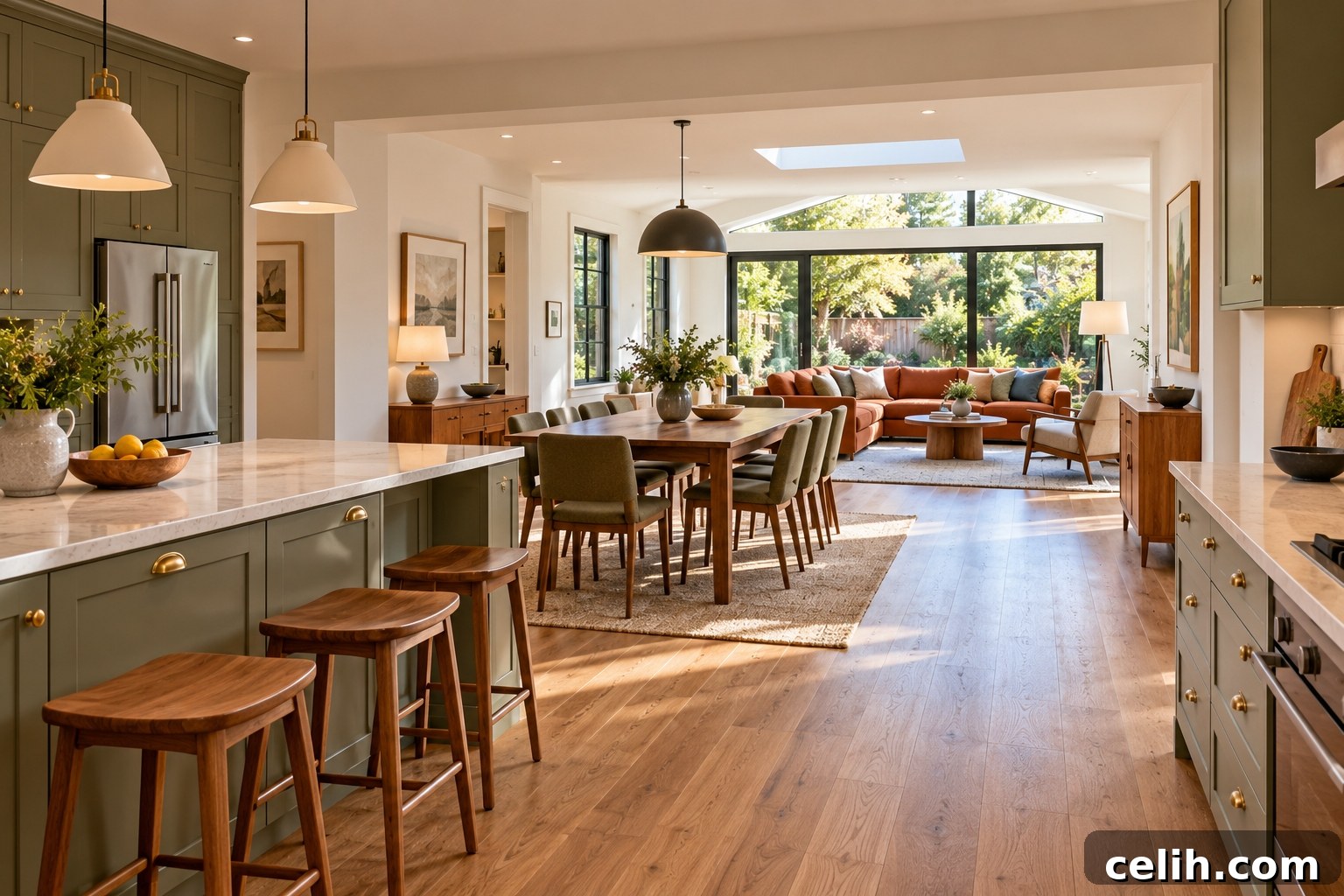 Open plan home interior with garden view