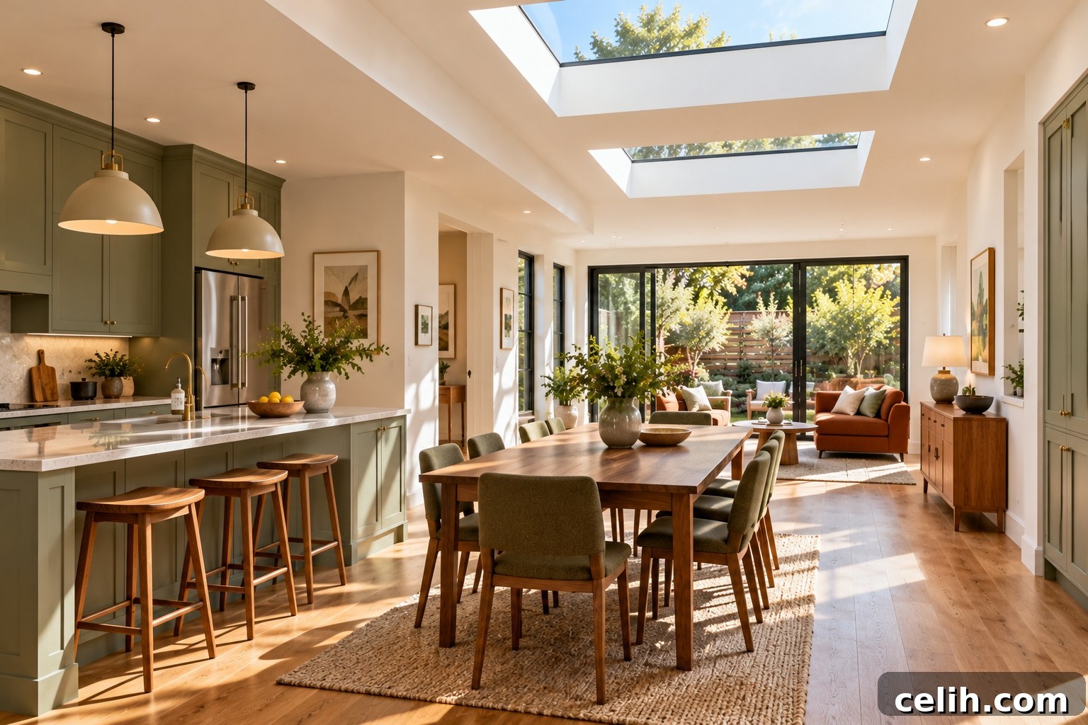 Green open-plan kitchen dining area with roof lights