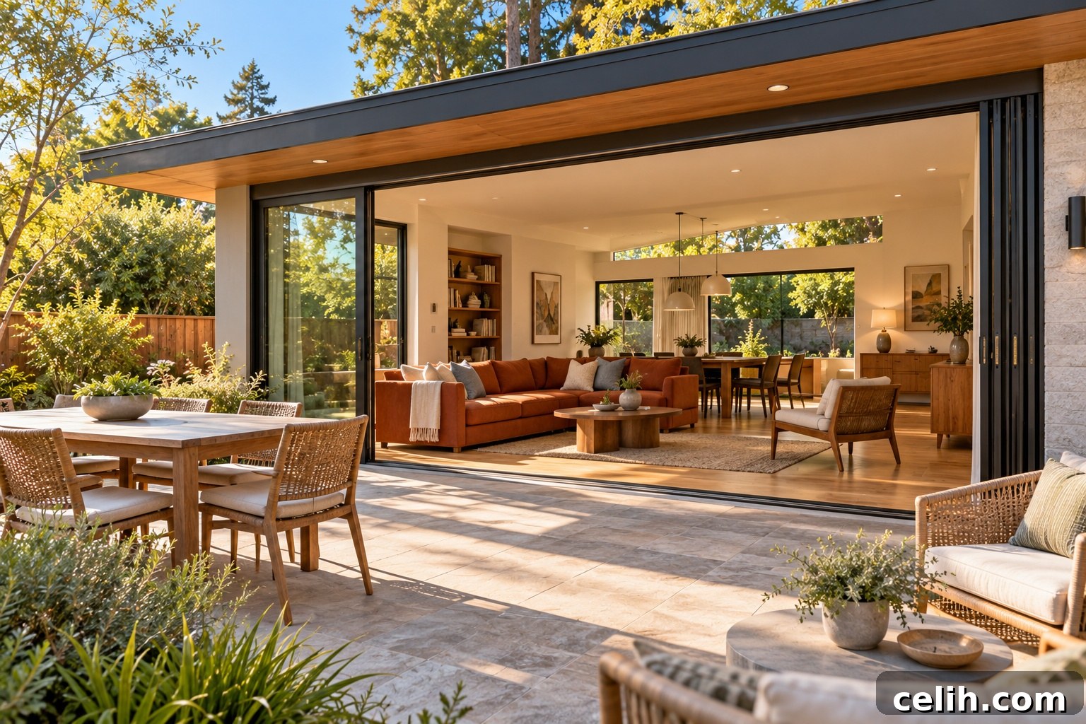 Sunlit modern indoor-outdoor living space