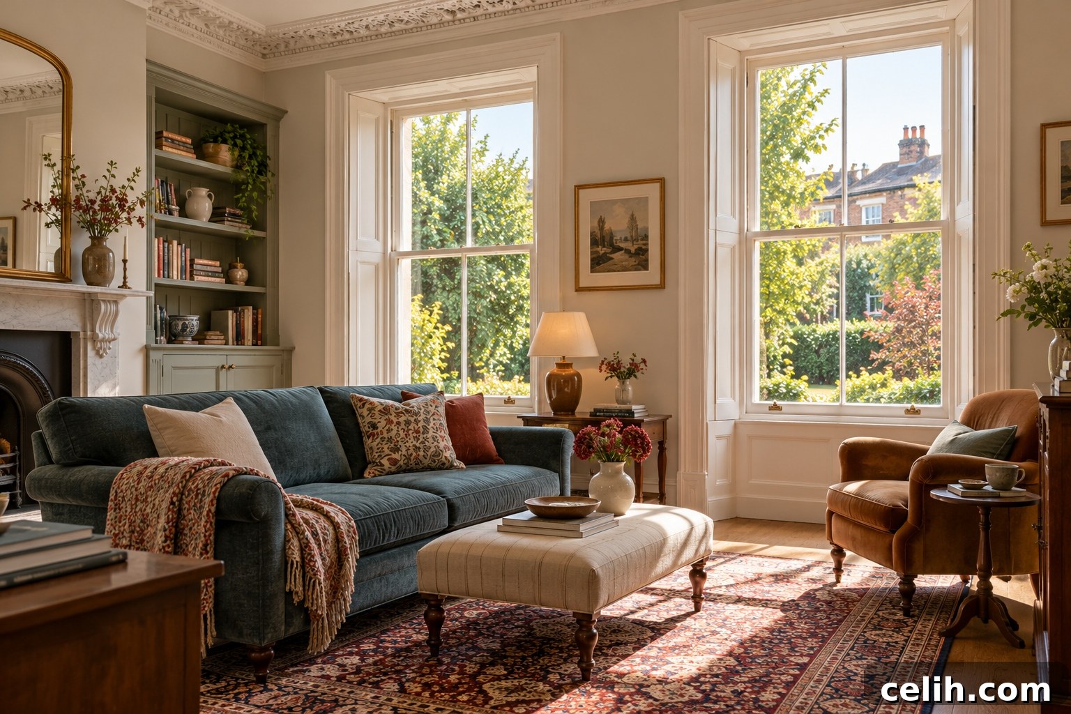 Victorian living room interior with restored sash windows