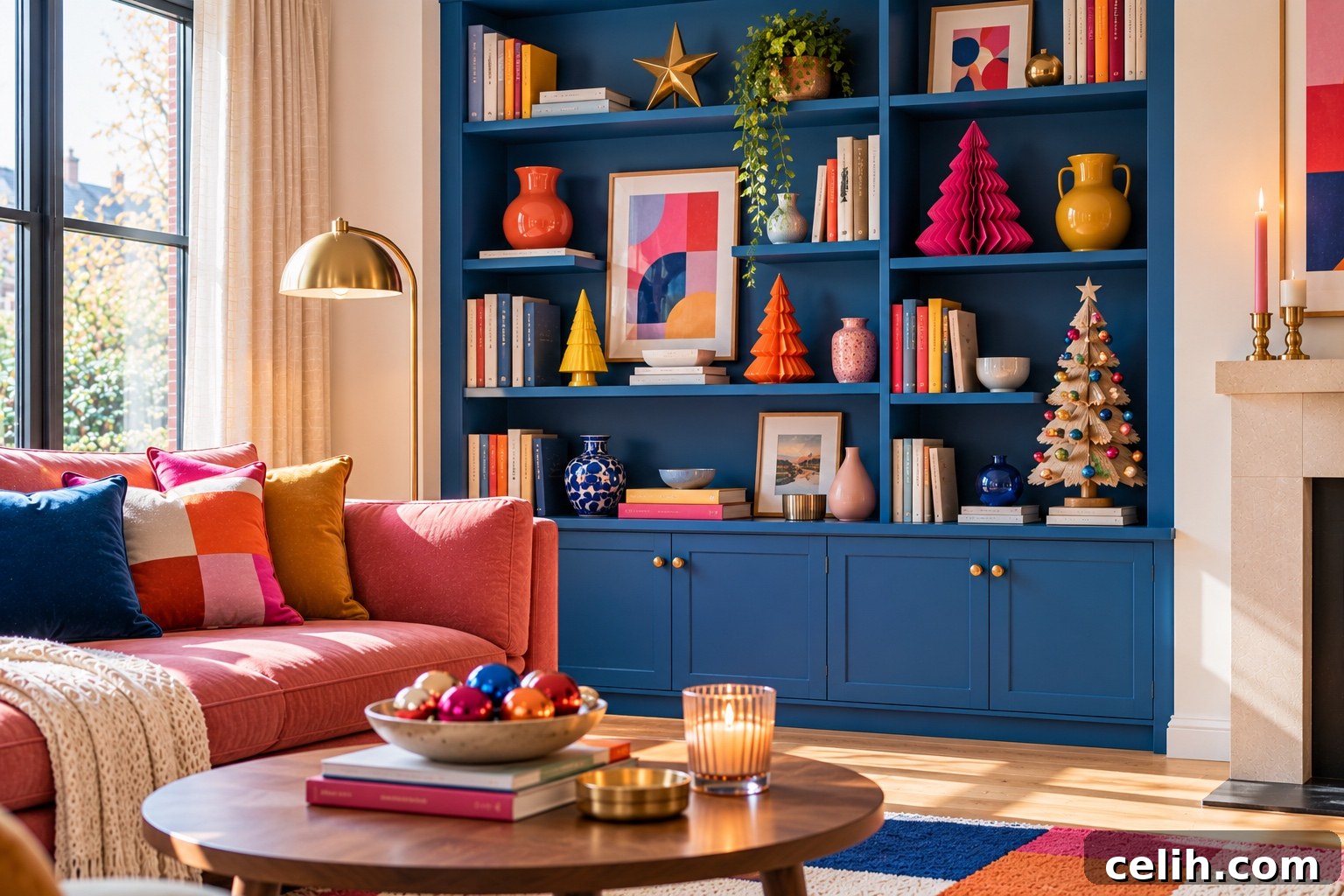 Modern Christmas tree mini decorations on a blue shelving unit